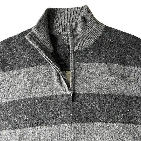 SKU1-10 QI CASHMERE Men's Sweater Turtle Neck Striped 100% Cashmere Grey XL